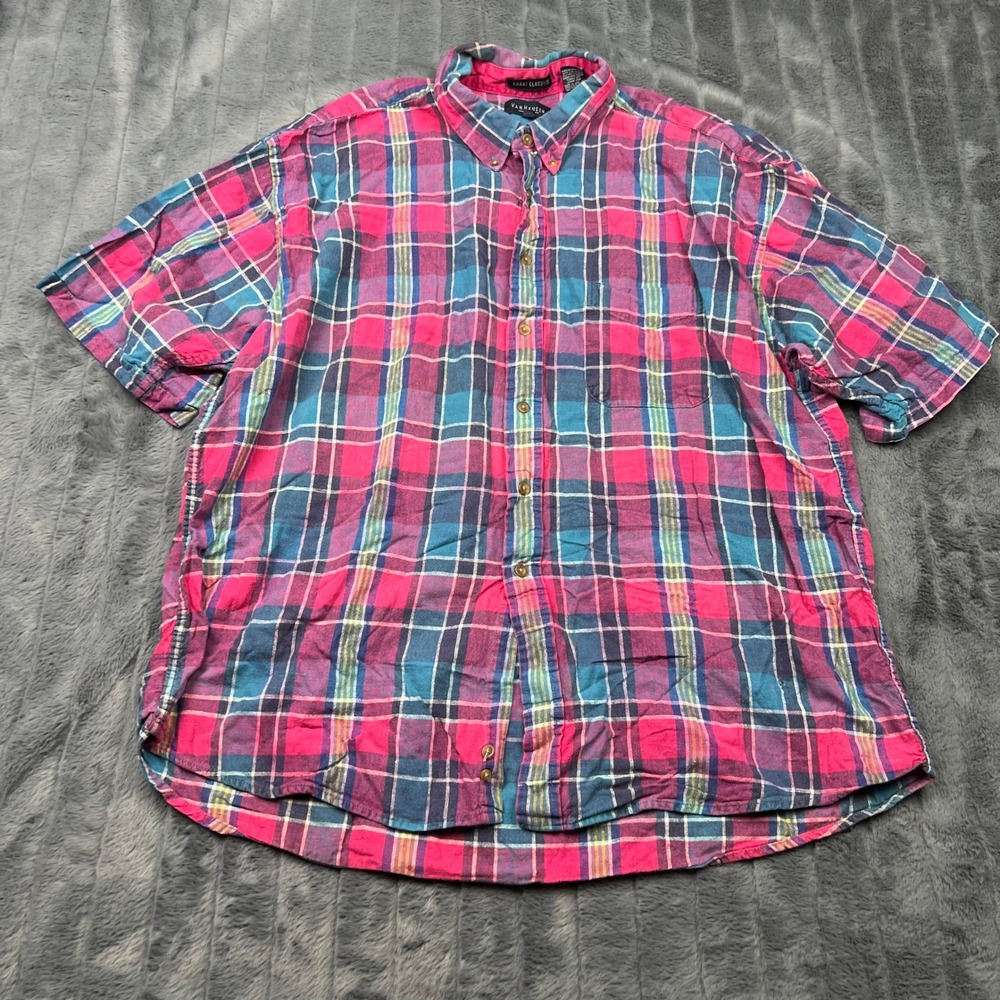 Van Heusen Khaki Classics Mens XL Pink Blue Plaid Linen Cotton Button Down Shirt
